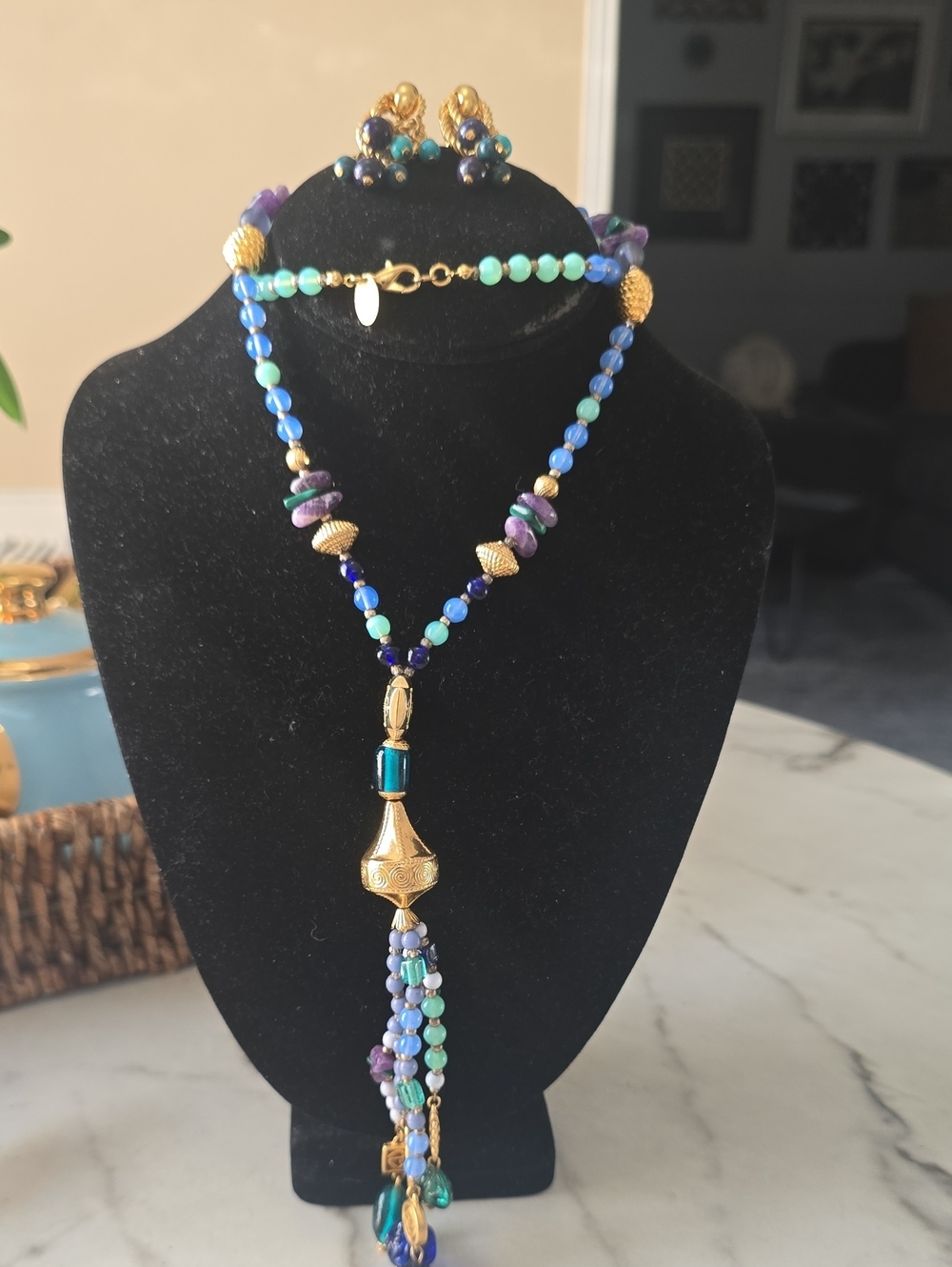 Diane Von Furstenberg Gold-Tone Blue, Teal & Purple Beaded Tassel Necklace